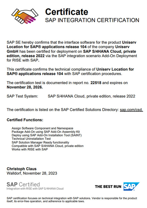 Uniserv Location for SAP applications erfolgreich zertifiziert