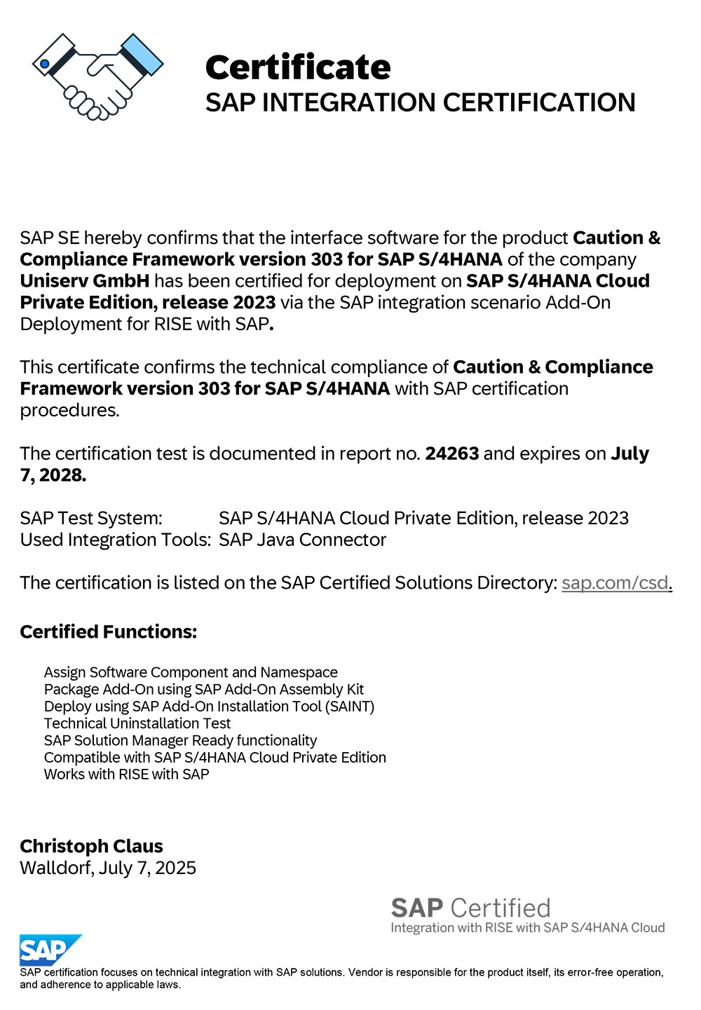 SAP Integration Certification SAP Integration Certification